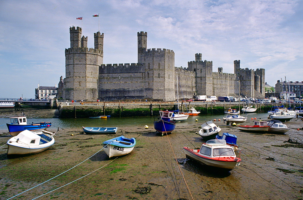 Boats moored near Caernarfon Castle, Wales