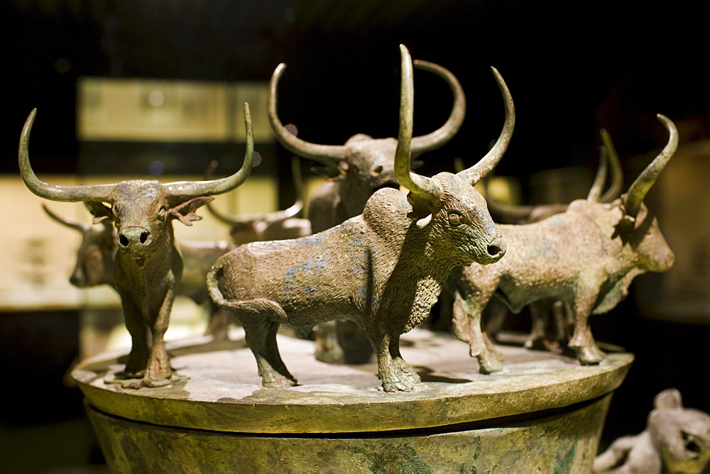 Bronze Han Dynasty cowrie container with yaks decorations, on display in the Shanghai Museum, China