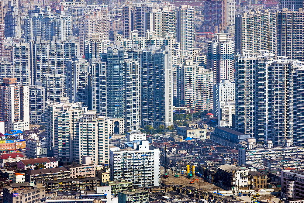 Shanghai skyline of high rise apartment blocks seen from the Oriental Pearl Television Tower, China