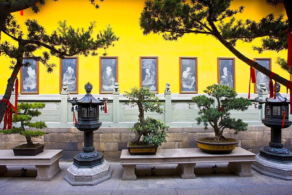 Bonzai trees and bronze lanterns in the courtyard of the Jade Buddha Temple, Shanghai, China