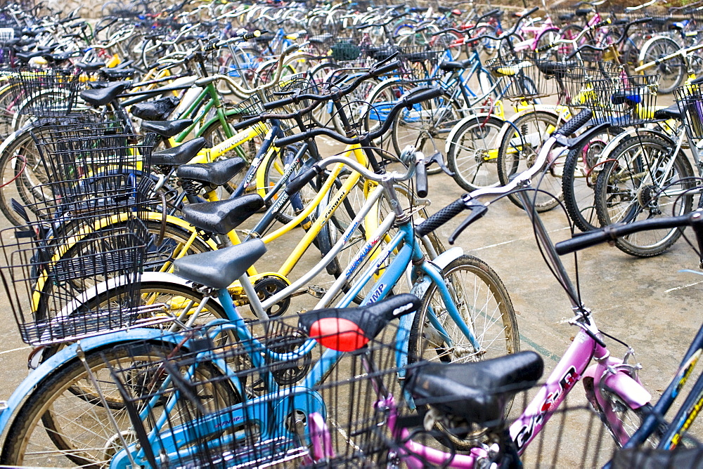 Bicycles lined up outside a school in Xingping, China