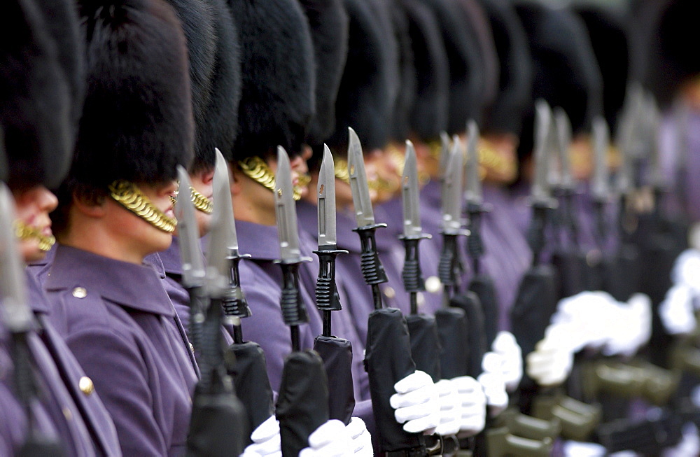 Grenadier guardson parade with bayonets on rifles, London