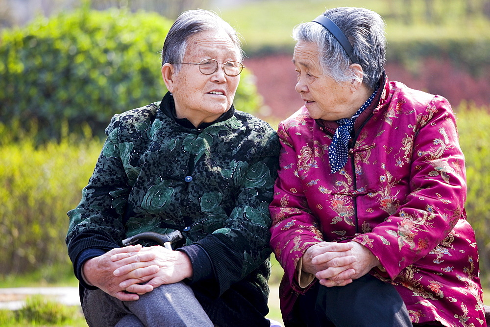 Old people join others in the community for morning chat in the park by the City Wall, Xian, China