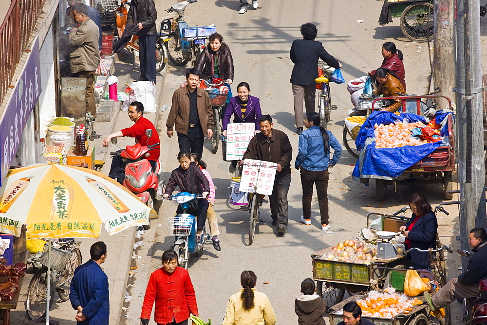 Traditional Chinese street market viewed from the City Wall, Xian, China