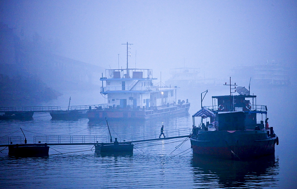 Tourist passenger cruiser boats moored on the Yangtze River, China