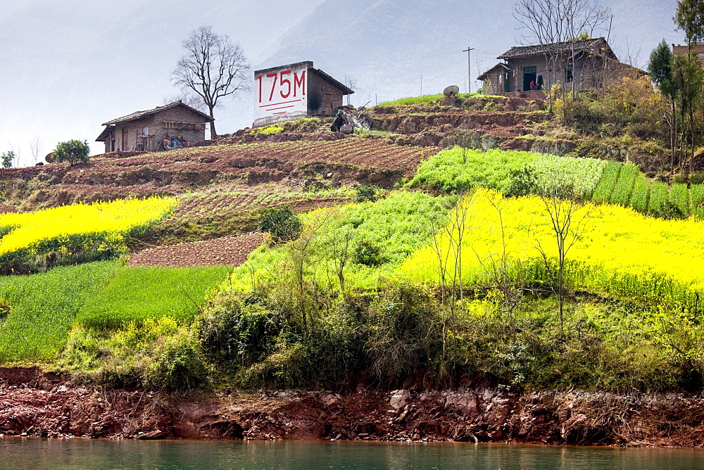 Depth sign shows 175 metres, the proposed water level when Three Gorges dam project is completed, China