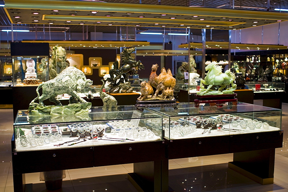 Jade items on display in the Beijing Dragon Land gallery in Beijing, China