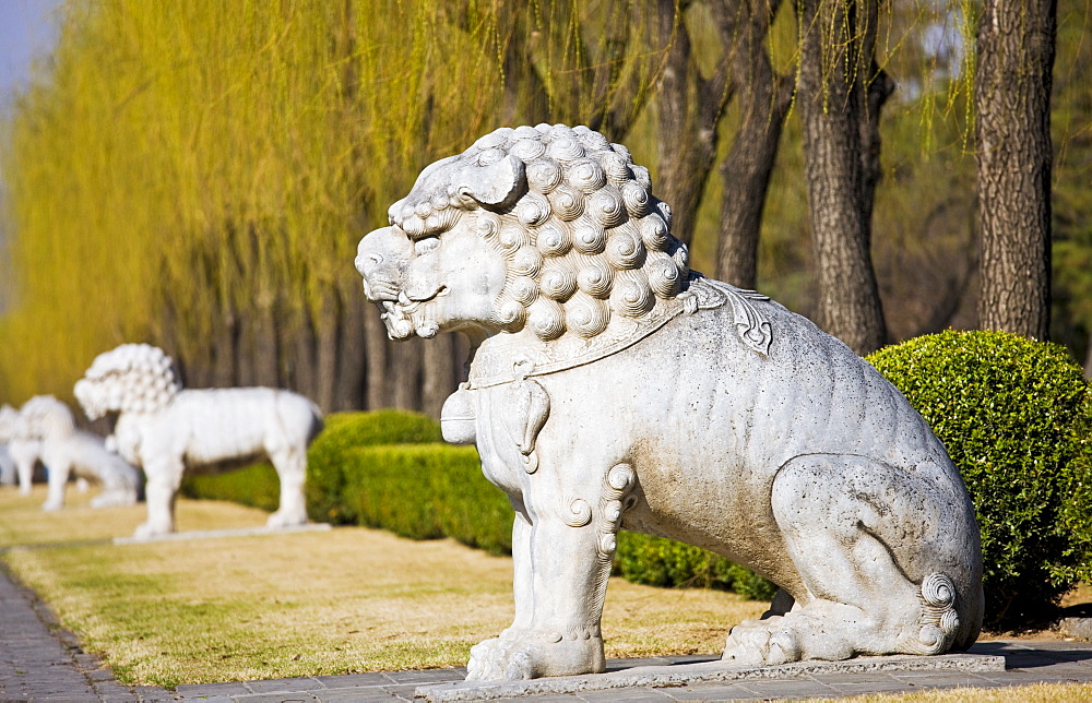 Statue of a resting lion, Spirit Way, Ming Tombs, Beijing (Peking), China