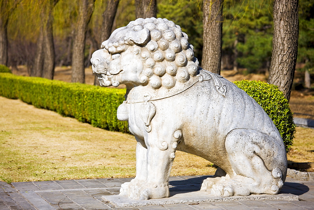 Statue of a resting lion, Spirit Way, Ming Tombs, Beijing (Peking), China