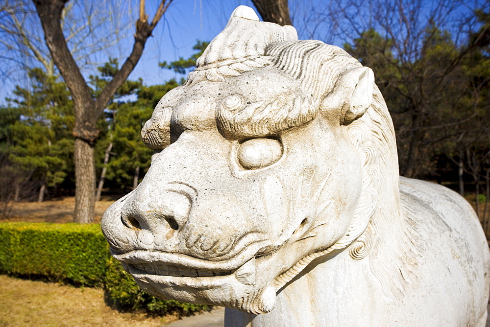 Statue of a standing Xiezi, mythical Chinese Unicorn, on Spirit Way at the Ming Tombs site, Beijing, China