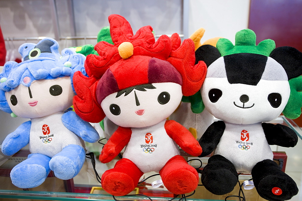 2008 Olympic Games official Fuwa mascot characters in souvenir shop, Wangfujing Street, Beijing, China