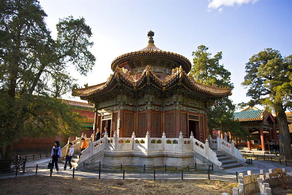 Tourists at the Pavilion of a Thousand Autumns in the Imperial Gardens, Forbidden City, Beijing, China