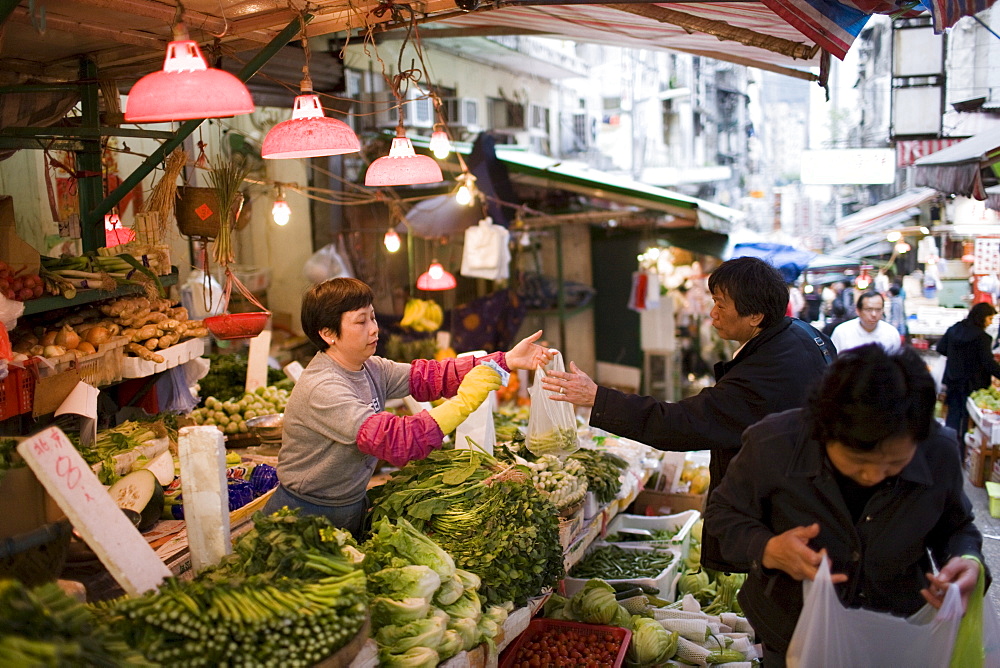 Fruit and vegetables on sale in old Chinese Soho food market in Graham Street, Central Hong Kong, China