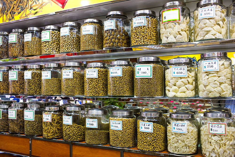 Chinese herbs, medicines, dried seafood and birds nests in shop in Wing Lok Street, Sheung Wan, Hong Kong, China