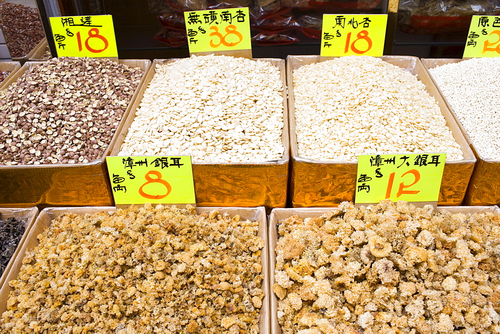 Dried goods including seafood and nuts in shop in Wing Lok Street, Sheung Wan, Hong Kong, China