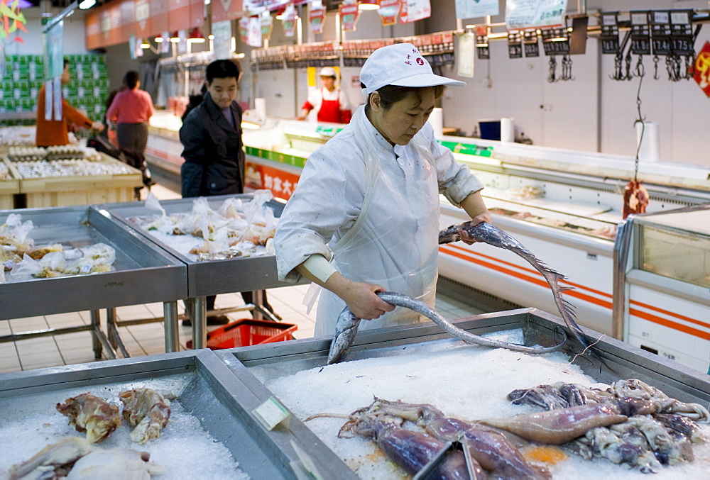 Shop assistant at fresh fish counter in supermarket in Chongqing, China