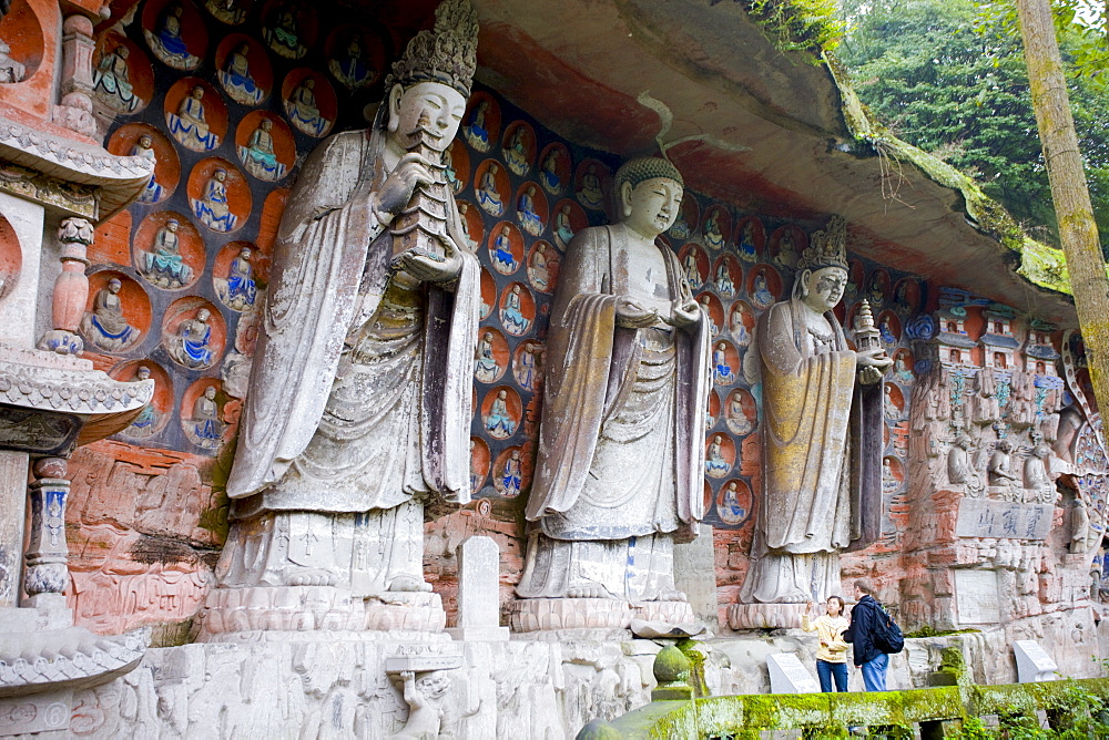 Dazu rock carvings of Buddha of Wisdom, Buddha of Great Sunlight, Buddha of Mercy, Mount Baoding, China