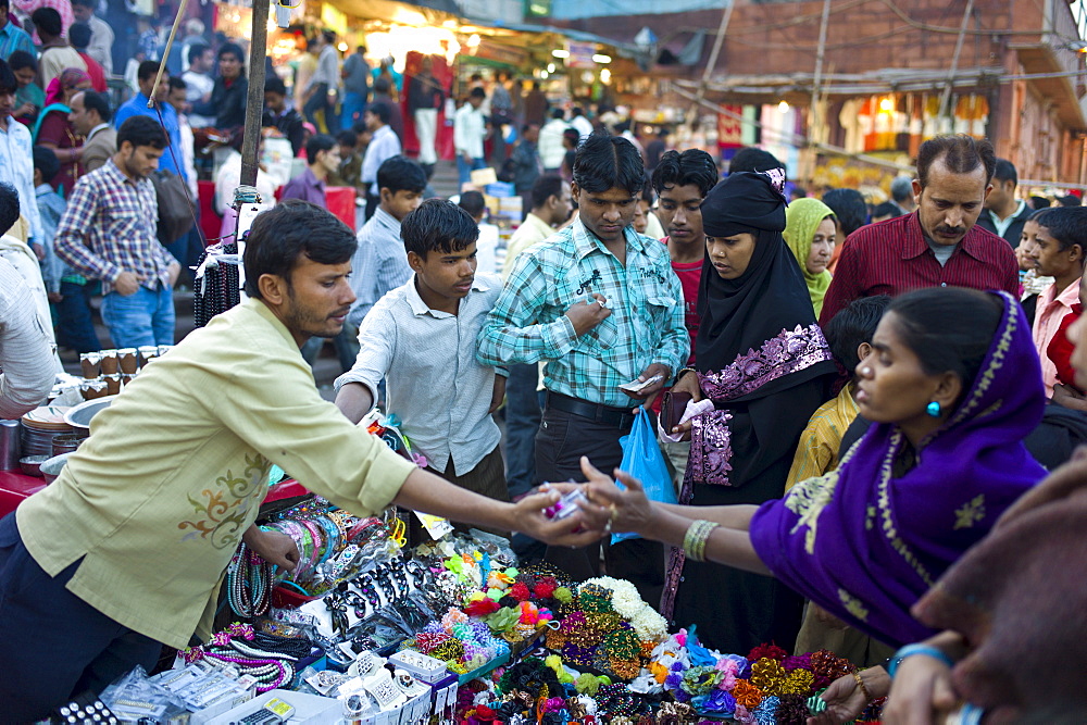 Muslim women shopping at Meena Bazar market in Muslim area of Old Delhi, India