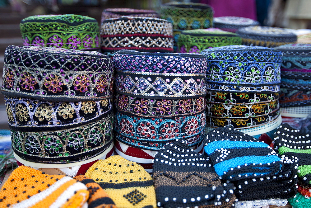 Traditional muslim prayer caps, takiyah, or kufi, on sale at Meena Bazar market in Muslim area of Old Delhi, India