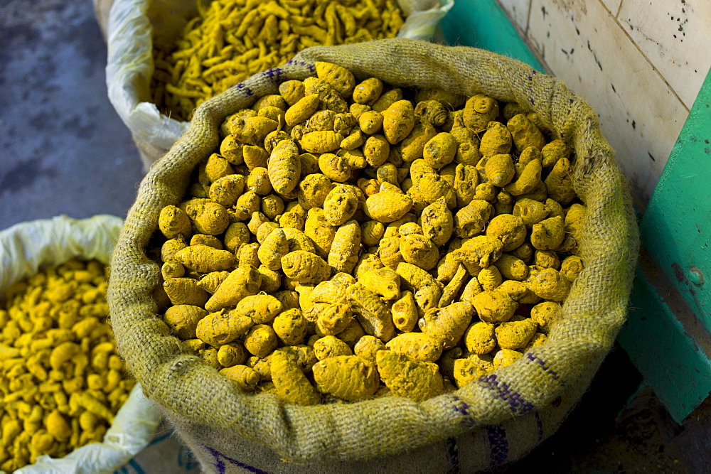 Yellow turmeric on sale at Khari Baoli spice and dried foods market, Old Delhi, India