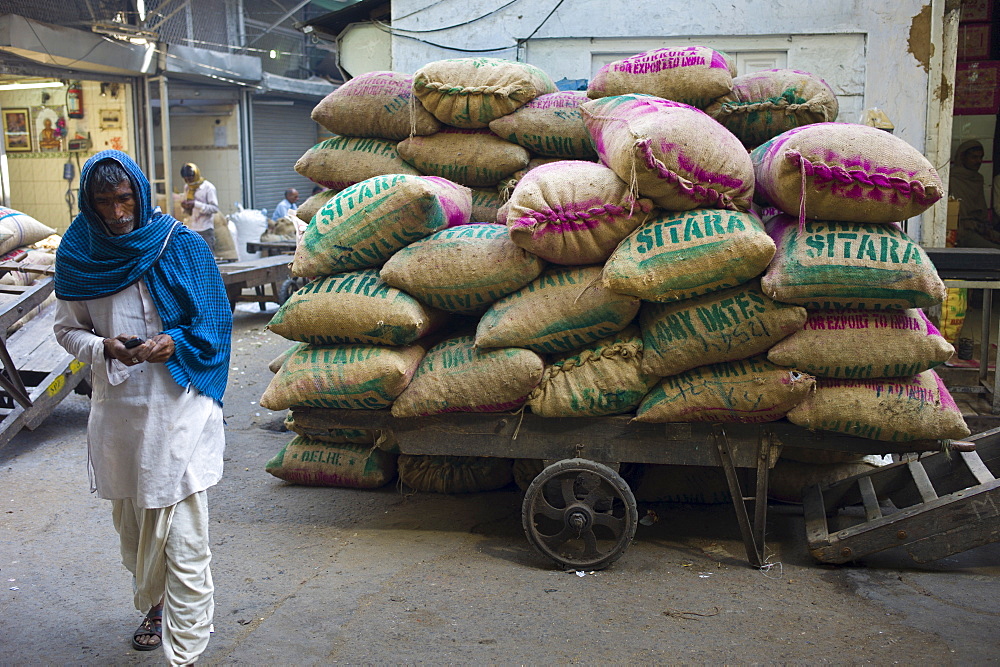 Sacks of dates at Khari Baoli Spice and Dried Foods Market in Old Delhi, India