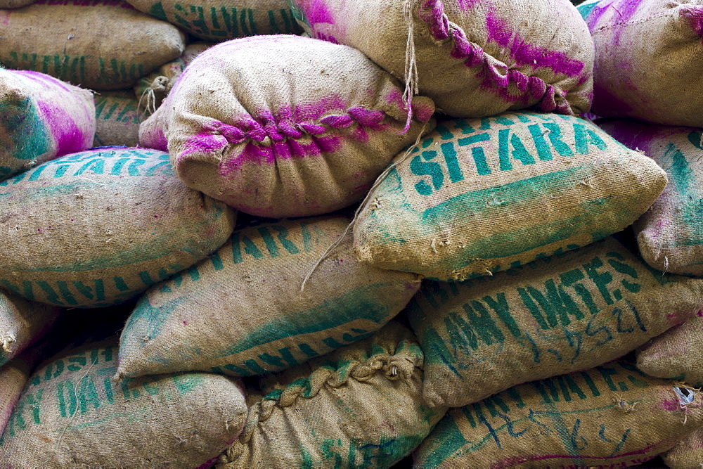 Sacks of dates at Khari Baoli Spice and Dried Foods Market in Old Delhi, India