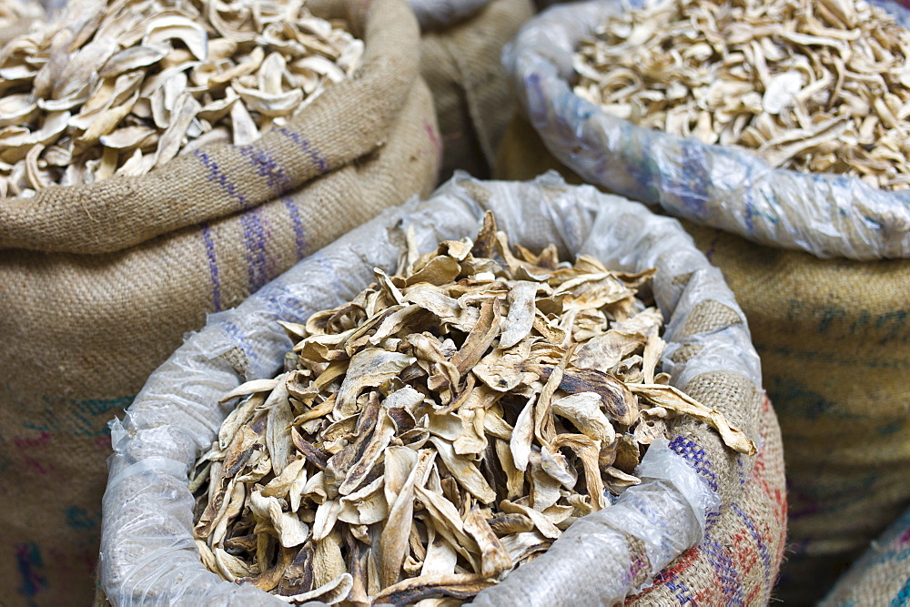 Dried mango skins on sale at Khari Baoli spice and dried foods market, Old Delhi, India