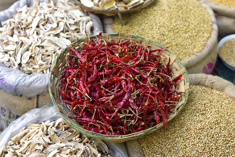 Red chillies, cardamom, coriander and dried mango skins on sale at Khari Baoli spice and dried foods market, Old Delhi, India