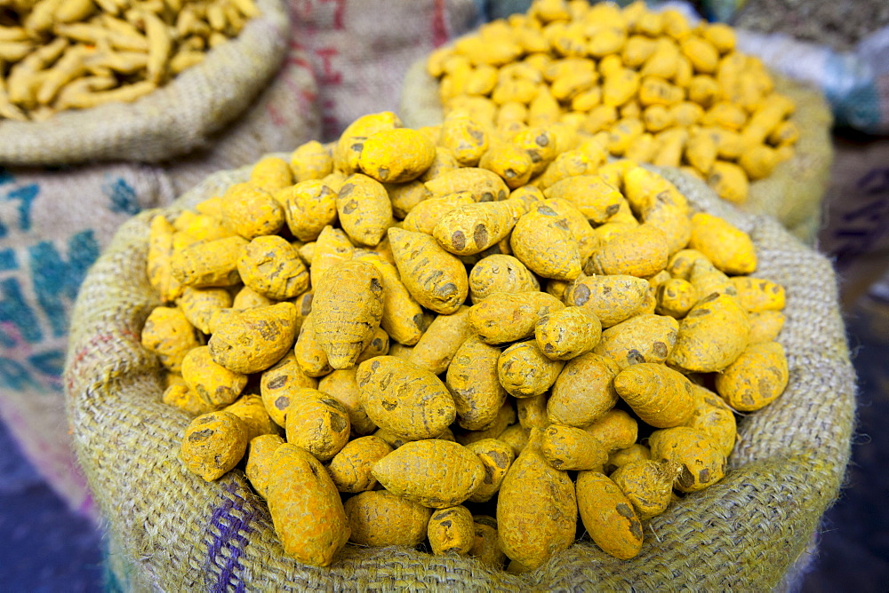 Yellow turmeric on sale at Khari Baoli spice and dried foods market, Old Delhi, India