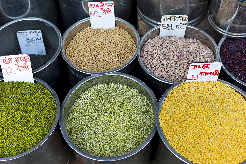 Beans and pulses on sale at Khari Baoli spice and dried foods market, Old Delhi, India