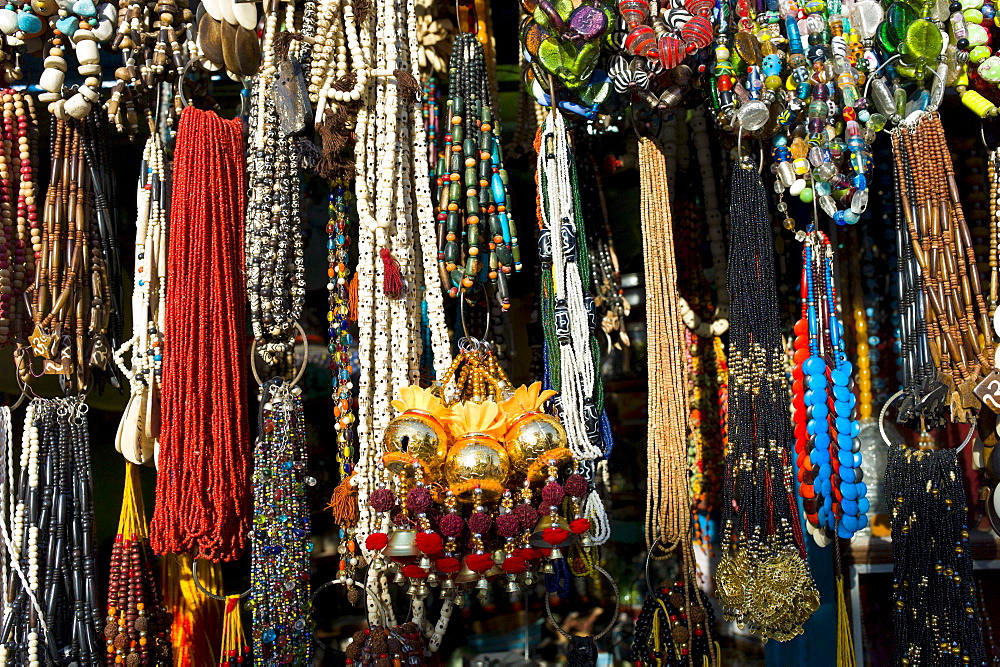 Traditional necklaces and beads on sale at street stall in Varanasi, Benares, Northern India