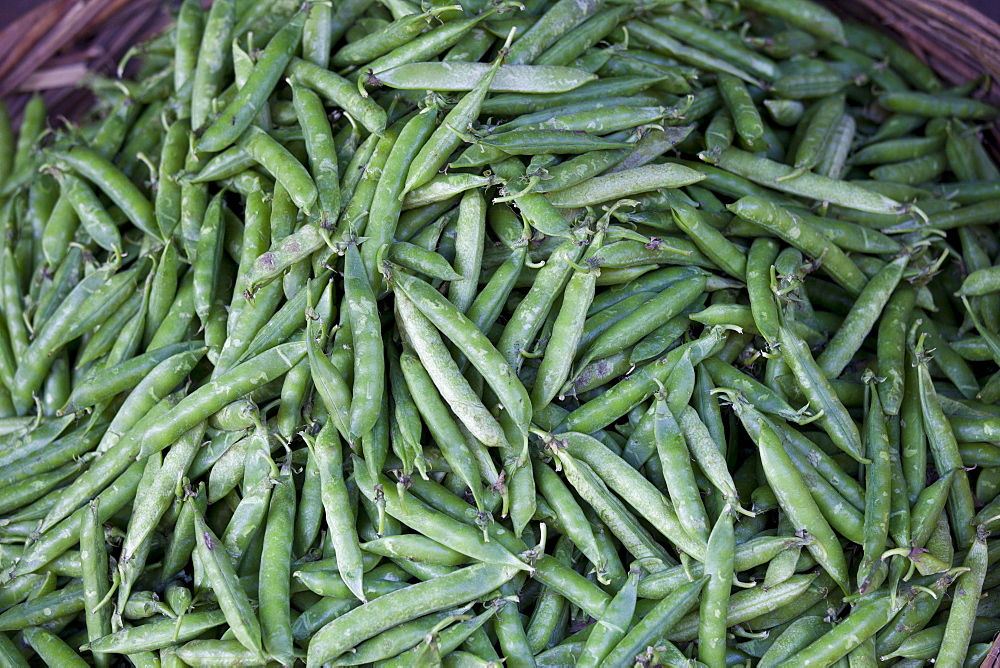 Fresh peas in a pod on sale at market stall in Varanasi, Benares, India