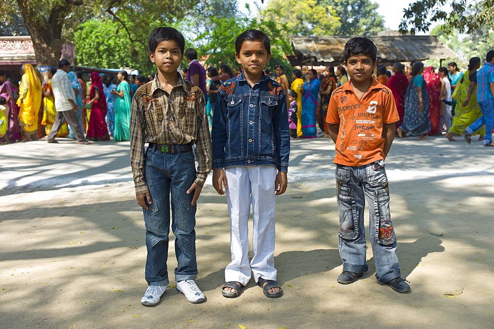 Indian boys in western clothes at Vishwanatha Temple (Birla Temple) during Festival of Shivaratri in holy city of Varanasi, India