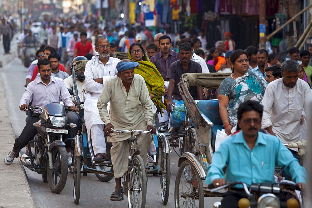 Crowded street scene during holy Festival of Shivaratri in city of Varanasi, Benares, Northern India