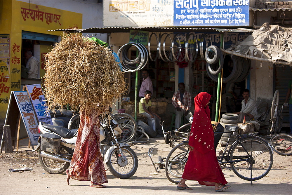 Indian women walking in the street, one carrying straw bale on head, in Nandi near Varanasi, Benares, Northern India