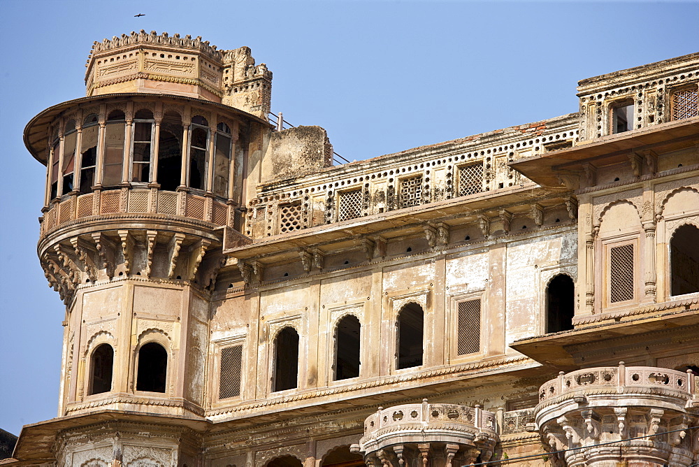 Restoration at Dharbanga Ghat by the Ganges River in City of Varanasi, where new luxury Clarks Hotel is being built, India