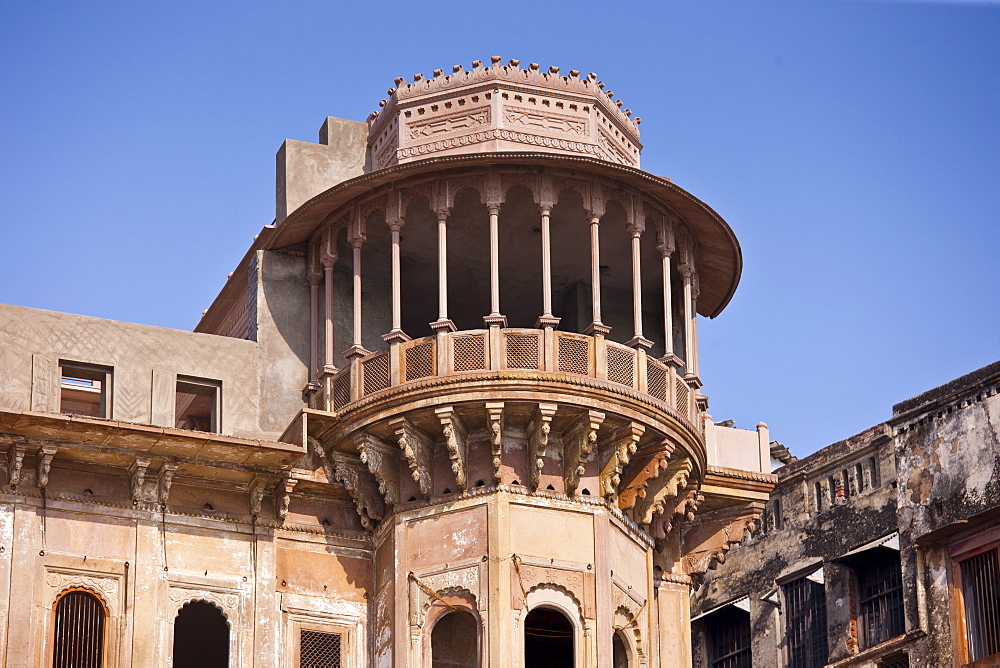 Indian architecture of Dharbanga Ghat by the Ganges River in City of Varanasi, where new luxury Clarks Hotel is being built, India