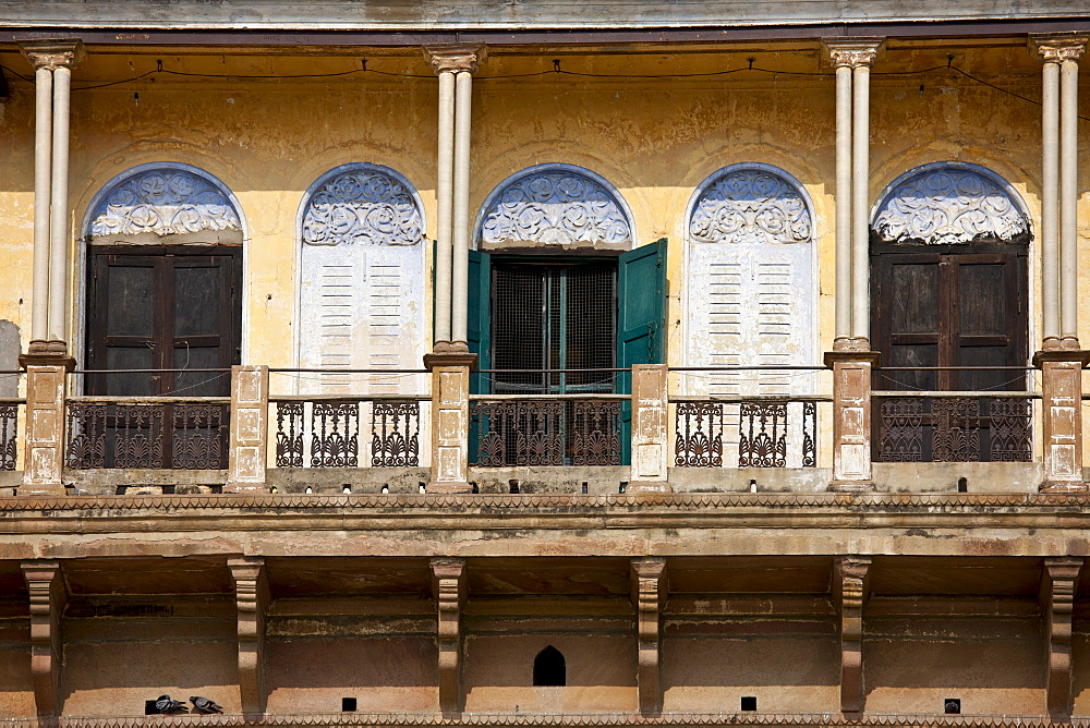 Indian architecture at the Ghats overlooking the Ganges River in City of Varanasi, Benares, Northern India