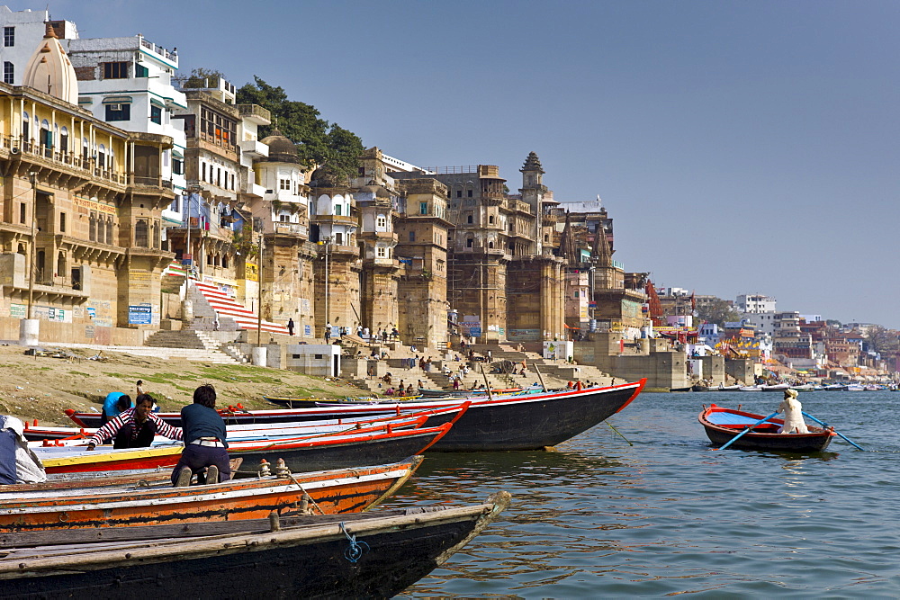 Boats in The Ganges River at Ranamahal Ghat and Chousatti Ghat in Holy City of Varanasi, Benares, India