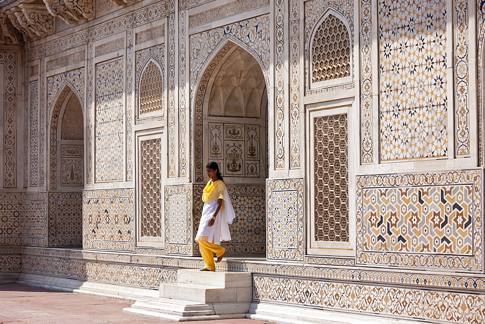 Muslim Punjabi girl at Tomb of Etimad Ud Doulah, 17th Century Mughal tomb built 1628, Agra, India