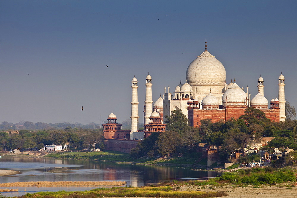 The Taj Mahal view and Yamuna River at sunset from Agra Fort, Khas Mahal Palace, India