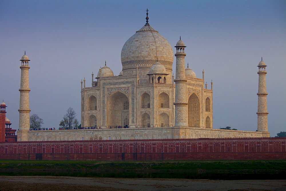 The Taj Mahal North Side viewed across Yamuna River at sunset , India