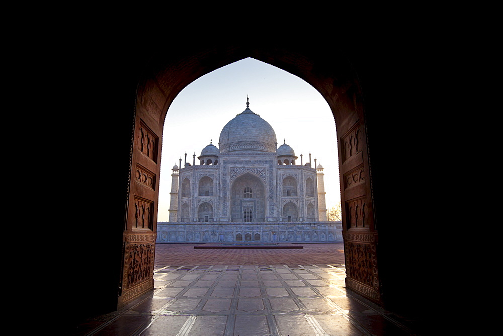 The Taj Mahal mausoleum western view (viewed from Taj Mahal Mosque) at dawn, Uttar Pradesh, India