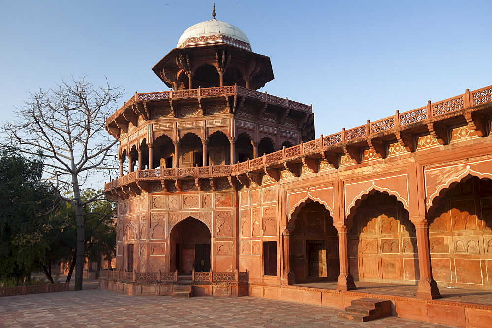 The Taj Mahal Mosque red sandstone and white marble dome at dawn, Uttar Pradesh, India