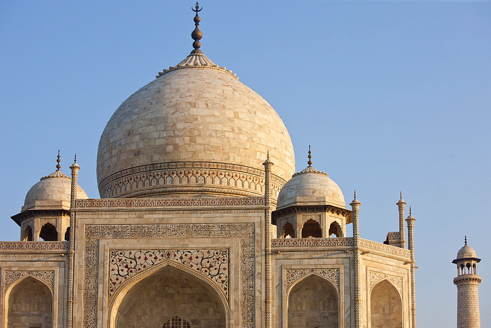 Iwans of The Taj Mahal mausoleum, western view detail diamond facets with bas relief marble, Uttar Pradesh, India