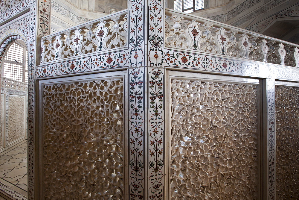 The Taj Mahal mausoleum marble tombs of Shah Jahan and Mumtaz Mahal , Uttar Pradesh, India