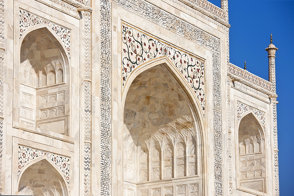 Iwans of The Taj Mahal mausoleum, southern view detail diamond facets with bas relief marble, Uttar Pradesh, India