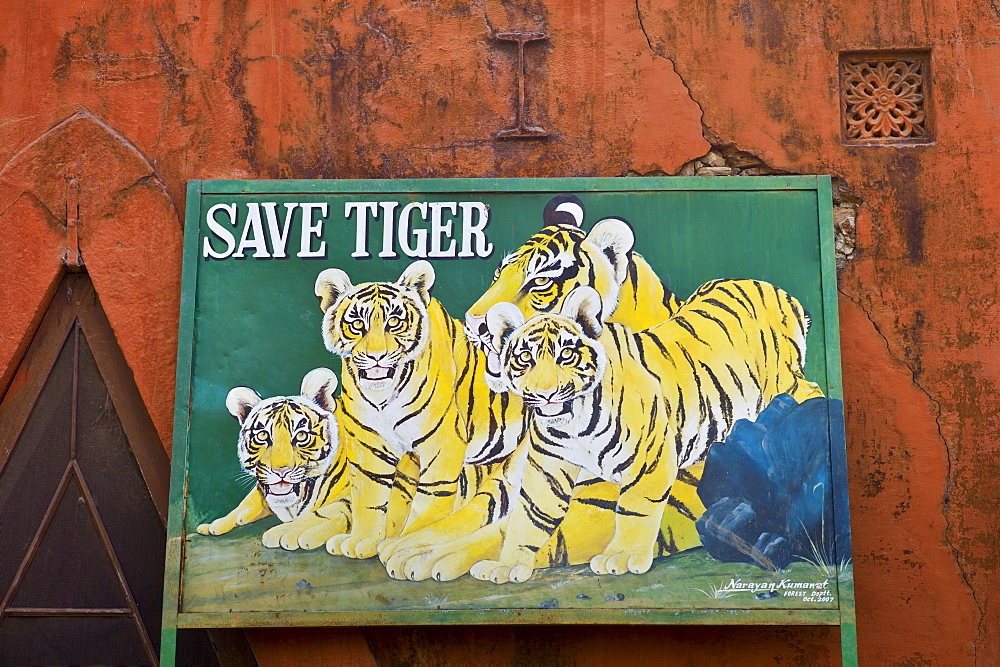 Save Tiger poster at Ranthambhore National Park tiger reserve, Rajasthan, Northern India