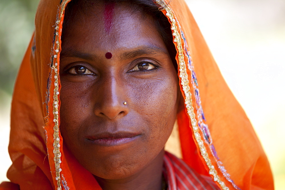 Indian woman villager at farm smallholding at Sawai Madhopur near Ranthambore in Rajasthan, Northern India