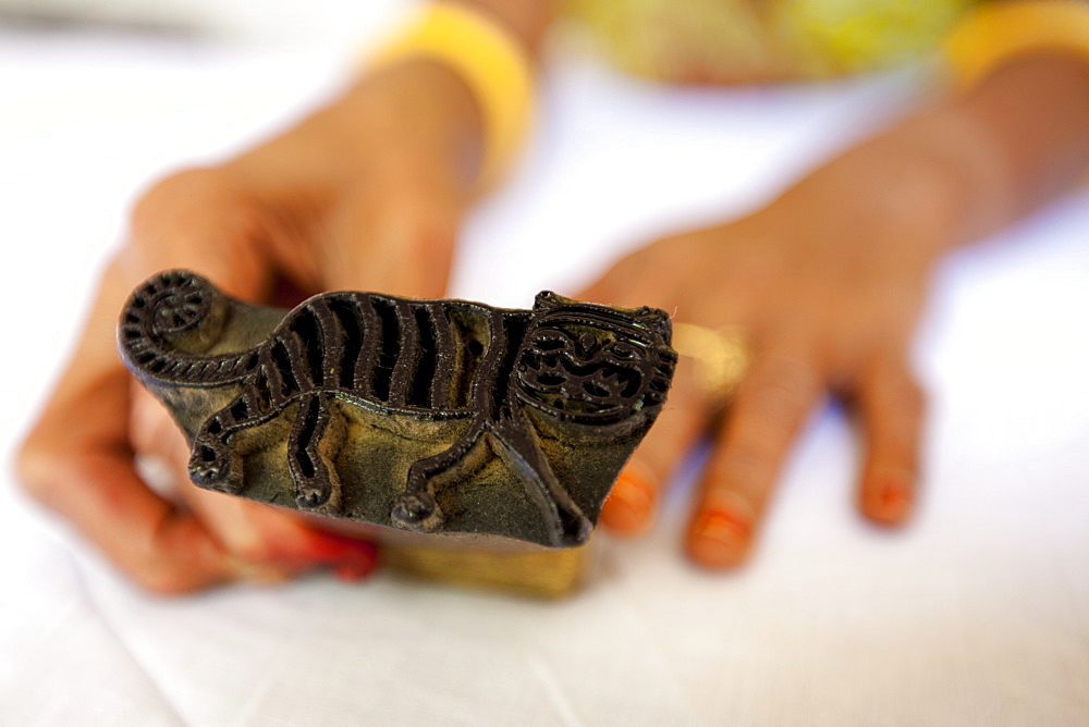 Indian tiger motif handblock printing at Dastkar women's craft co-operative, Ranthambore Artisan Project, Rajasthan, India